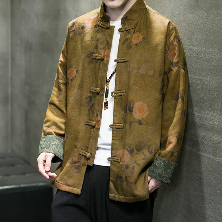 Buddha Stones Foglie Fiore Rana-bottoni Tang Suit Cotone Giacca Camicia Uomo  - image 16