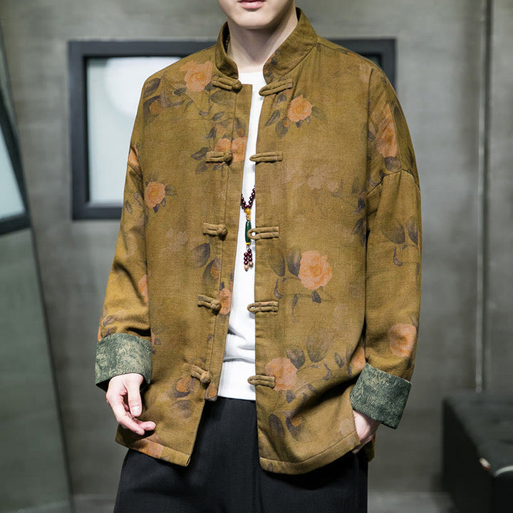 Buddha Stones Foglie Fiore Rana-bottoni Tang Suit Cotone Giacca Camicia Uomo