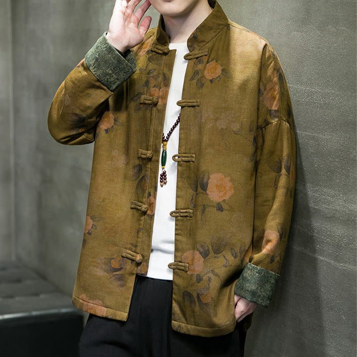 Buddha Stones Foglie Fiore Rana-bottoni Tang Suit Cotone Giacca Camicia Uomo  - image 15