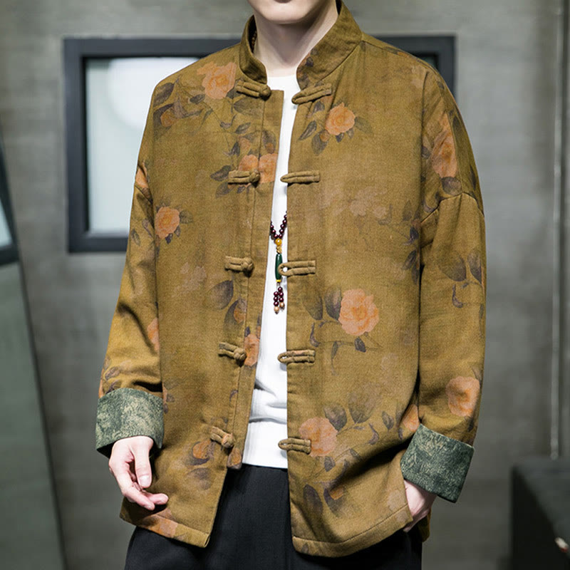 Buddha Stones Foglie Fiore Rana-bottoni Tang Suit Cotone Giacca Camicia Uomo  - image 11