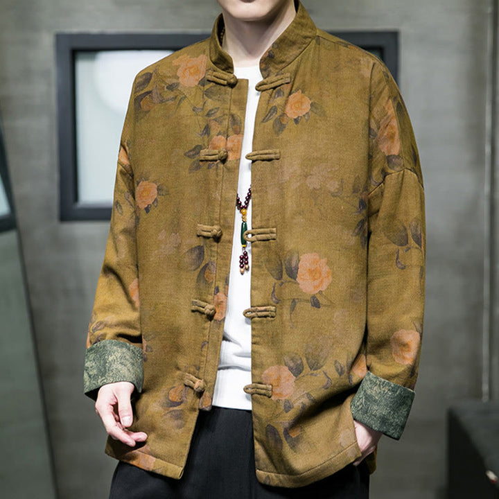 Buddha Stones Foglie Fiore Rana-bottoni Tang Suit Cotone Giacca Camicia Uomo  - image 11