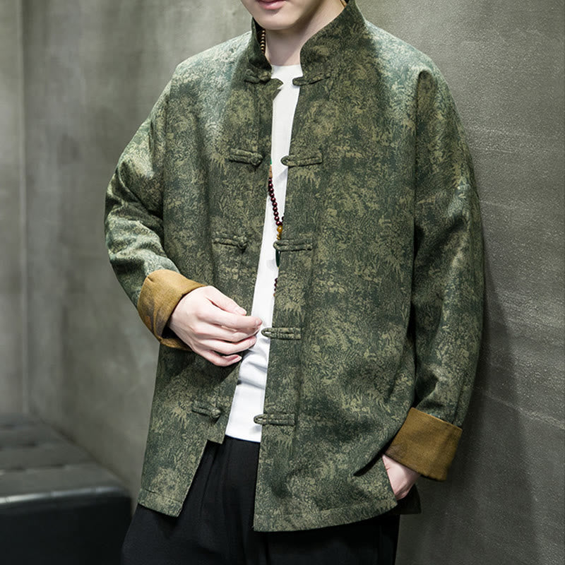 Buddha Stones Foglie Fiore Rana-bottoni Tang Suit Cotone Giacca Camicia Uomo  - image 2