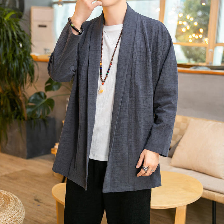 Cappotto da uomo di media lunghezza in misto lino semplice e ampio, modello Buddha Stones Fall - Grigio ardesia chiaro - US/UK/AU42, EU52 (3XL) - image 0