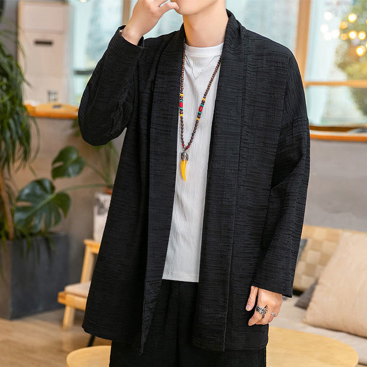 Cappotto da uomo di media lunghezza in misto lino semplice e ampio, modello Buddha Stones Fall - Nero - US/UK/AU42, EU52 (3XL) - image 5