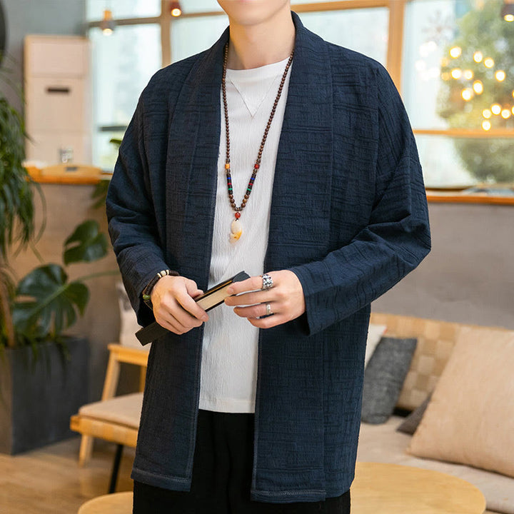 Cappotto da uomo di media lunghezza in misto lino semplice e ampio, modello Buddha Stones Fall - Marina - US/UK/AU42, EU52 (3XL) - image 16