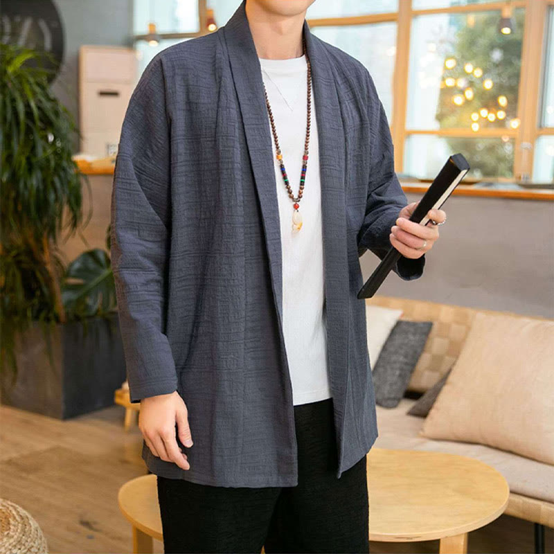 Cappotto da uomo di media lunghezza in misto lino semplice e ampio, modello Buddha Stones Fall - image 1