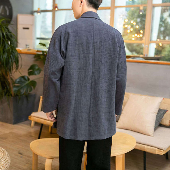 Cappotto da uomo di media lunghezza in misto lino semplice e ampio, modello Buddha Stones Fall - image 4