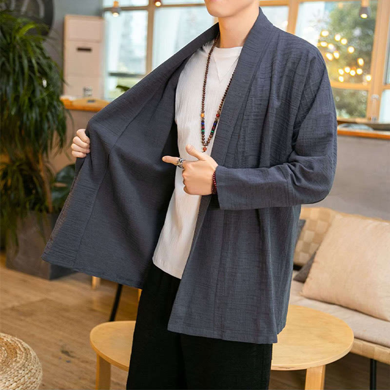 Cappotto da uomo di media lunghezza in misto lino semplice e ampio, modello Buddha Stones Fall - image 3