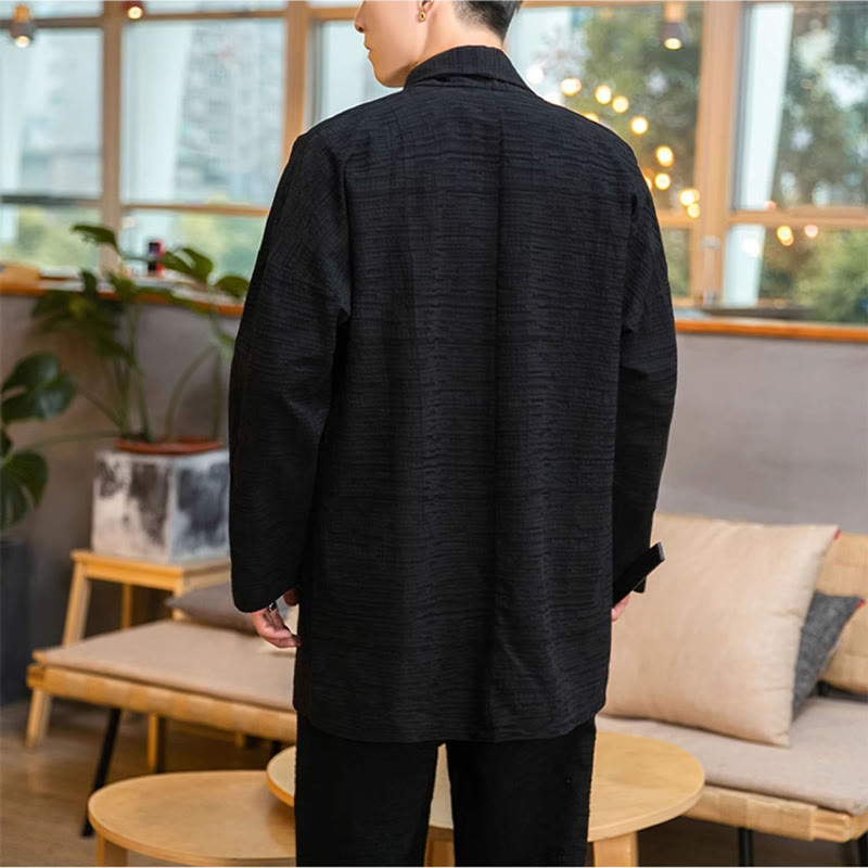 Cappotto da uomo di media lunghezza in misto lino semplice e ampio, modello Buddha Stones Fall - image 11
