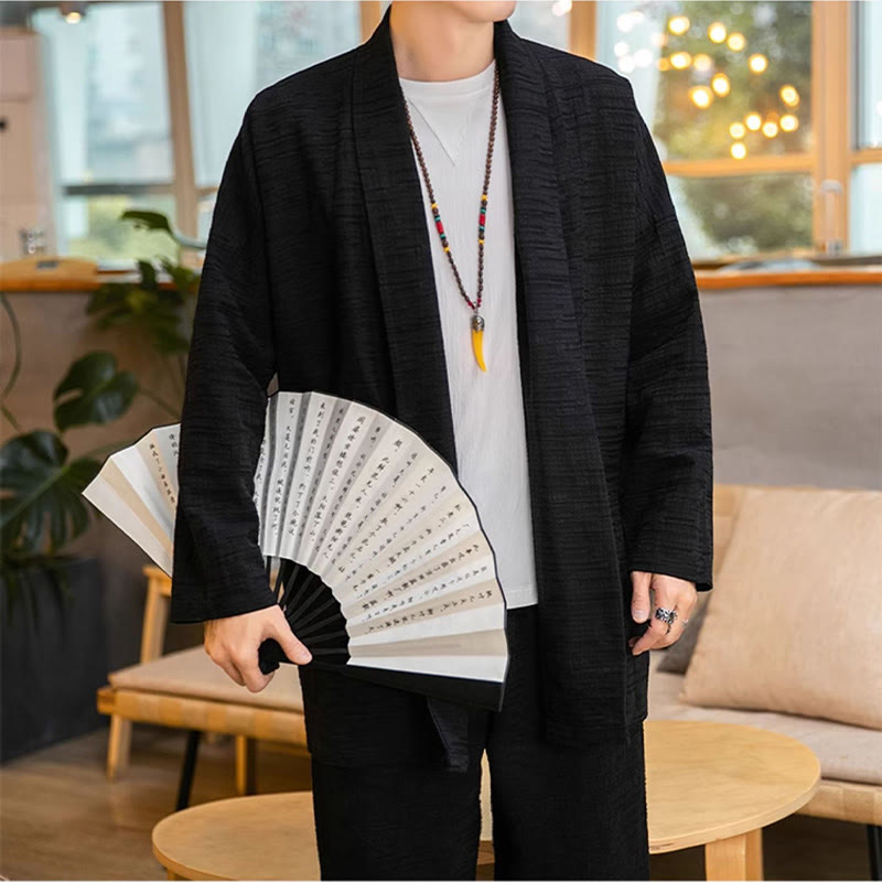 Cappotto da uomo di media lunghezza in misto lino semplice e ampio, modello Buddha Stones Fall - image 9