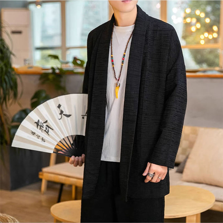Cappotto da uomo di media lunghezza in misto lino semplice e ampio, modello Buddha Stones Fall - image 7