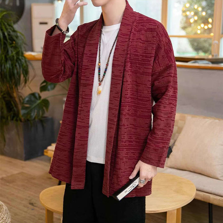 Cappotto da uomo di media lunghezza in misto lino semplice e ampio, modello Buddha Stones Fall - image 13