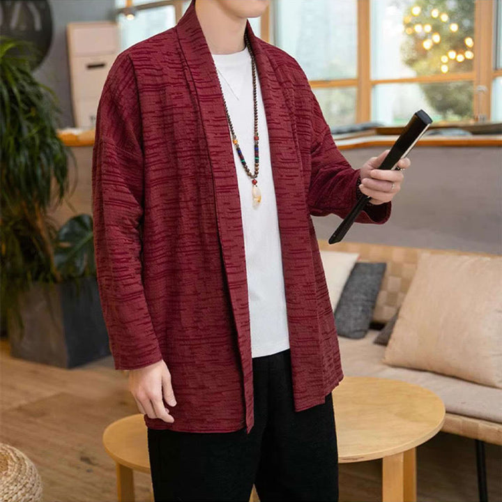 Cappotto da uomo di media lunghezza in misto lino semplice e ampio, modello Buddha Stones Fall - image 15