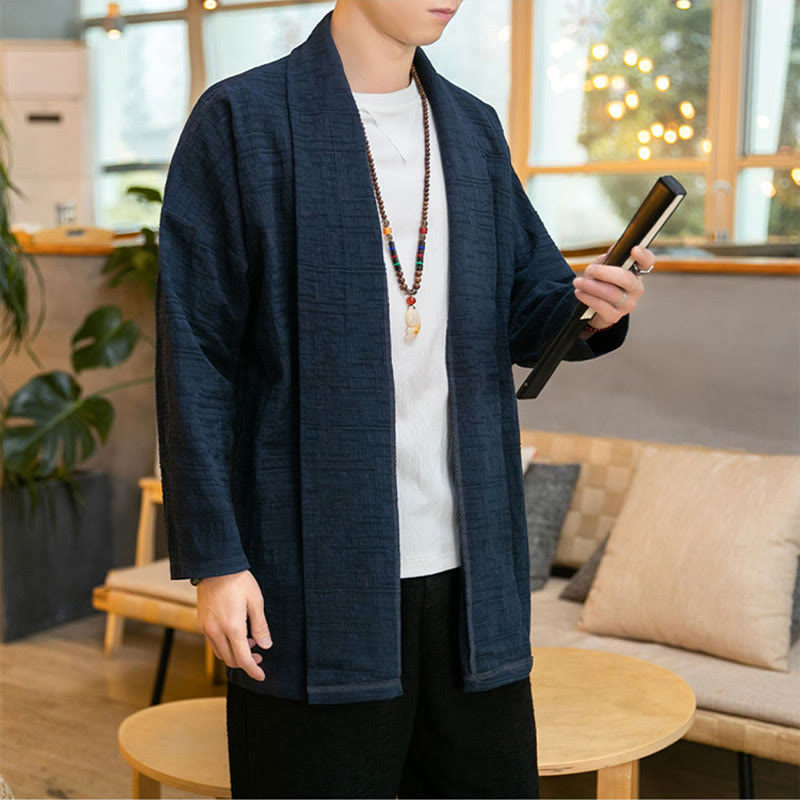 Cappotto da uomo di media lunghezza in misto lino semplice e ampio, modello Buddha Stones Fall - image 17