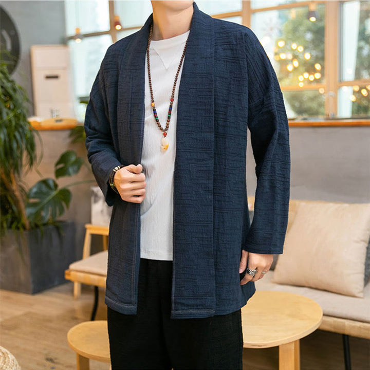Cappotto da uomo di media lunghezza in misto lino semplice e ampio, modello Buddha Stones Fall - image 18