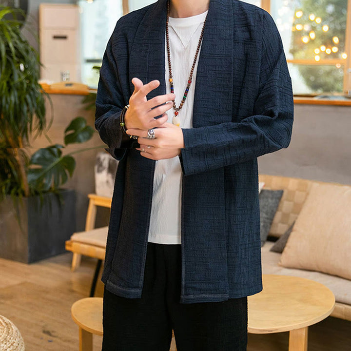 Cappotto da uomo di media lunghezza in misto lino semplice e ampio, modello Buddha Stones Fall - image 19