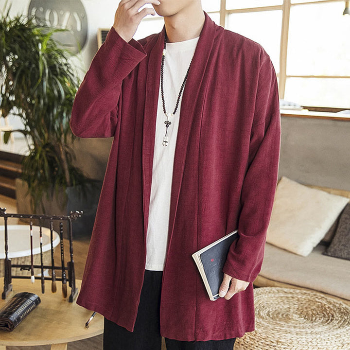 Buddha Stones Autunno Semplice Casual Cotone Lino Uomo Cappotto di media lunghezza Abbigliamento