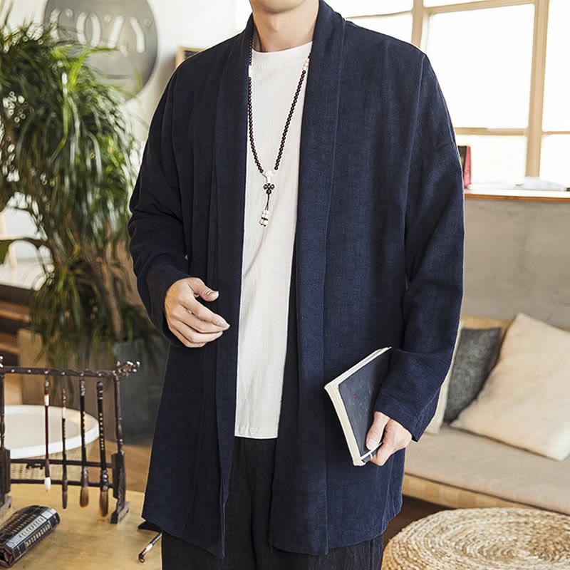 Buddha Stones Autunno Semplice Casual Cotone Lino Uomo Cappotto di media lunghezza Abbigliamento - Blu notte - US/UK/AU42, EU52 (3XL) - image 7