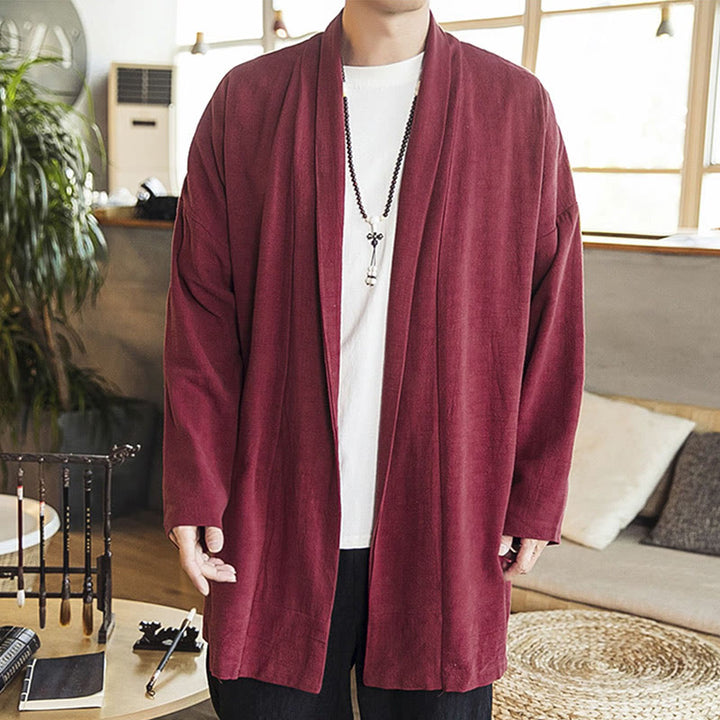 Buddha Stones Autunno Semplice Casual Cotone Lino Uomo Cappotto di media lunghezza Abbigliamento