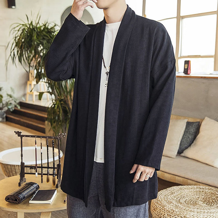 Buddha Stones Autunno Semplice Casual Cotone Lino Uomo Cappotto di media lunghezza Abbigliamento