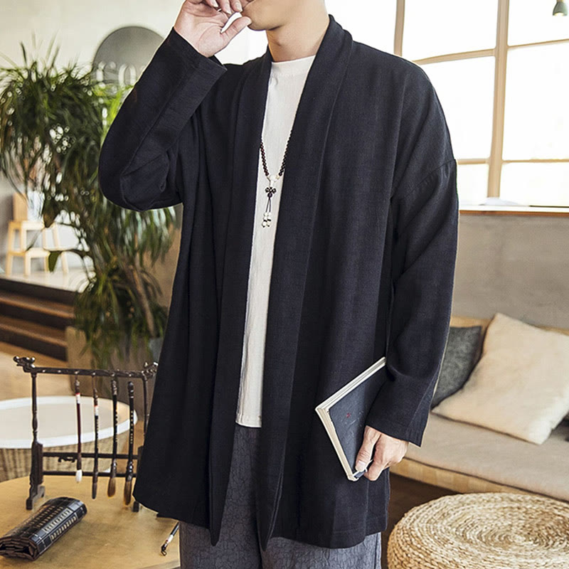 Buddha Stones Autunno Semplice Casual Cotone Lino Uomo Cappotto di media lunghezza Abbigliamento
