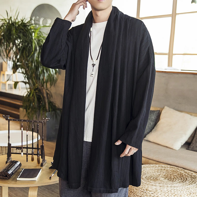 Cappotto da uomo di media lunghezza in misto lino semplice e casual, modello Buddha Stones Fall - Nero - US/UK/AU42, EU52 (3XL) - image 10