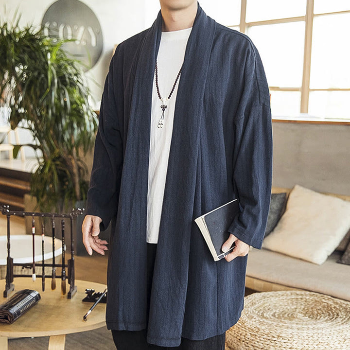 Cappotto da uomo di media lunghezza in misto lino semplice e casual, modello Buddha Stones Fall