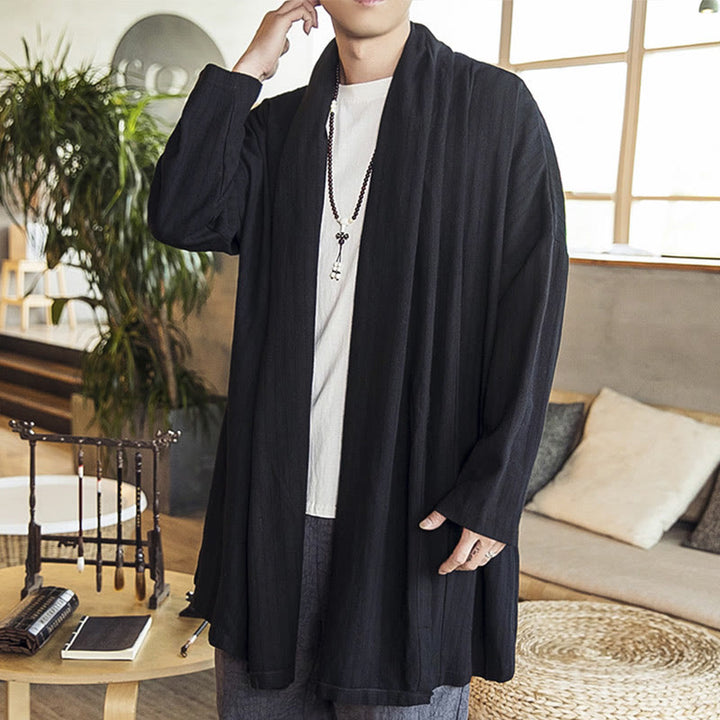 Cappotto da uomo di media lunghezza in misto lino semplice e casual, modello Buddha Stones Fall - Nero - US/UK/AU42, EU52 (3XL) - image 9