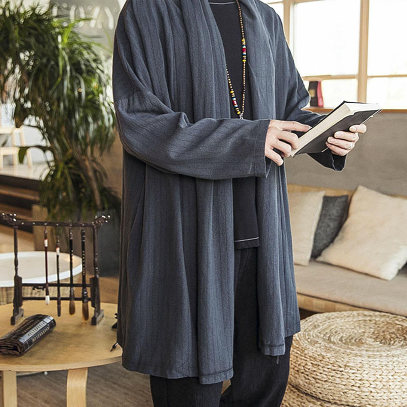 Cappotto da uomo di media lunghezza in misto lino semplice e casual, modello Buddha Stones Fall