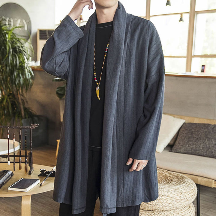 Cappotto da uomo di media lunghezza in misto lino semplice e casual, modello Buddha Stones Fall - image 4