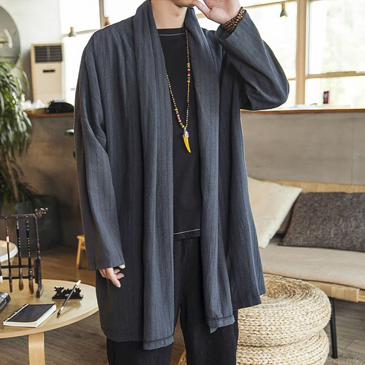Cappotto da uomo di media lunghezza in misto lino semplice e casual, modello Buddha Stones Fall - image 3