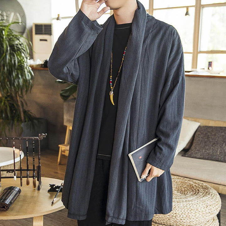 Cappotto da uomo di media lunghezza in misto lino semplice e casual, modello Buddha Stones Fall - image 6