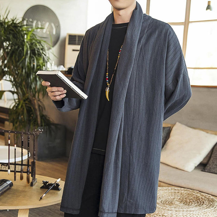 Cappotto da uomo di media lunghezza in misto lino semplice e casual, modello Buddha Stones Fall - image 6
