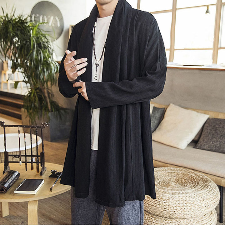 Cappotto da uomo di media lunghezza in misto lino semplice e casual, modello Buddha Stones Fall