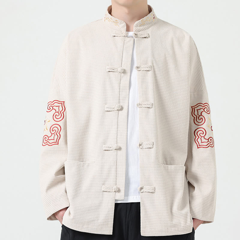 Giacca in velluto a coste di cotone con bottoni a rana da uomo Buddha Stones con tasche e ricamo simmetrico - Beige - US/UK/AU46, EU56 (5XL) - image 10