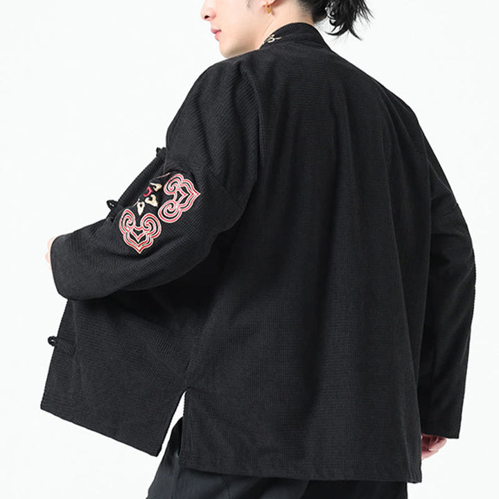 Giacca in velluto a coste di cotone con bottoni a rana da uomo Buddha Stones con tasche e ricamo simmetrico - image 4