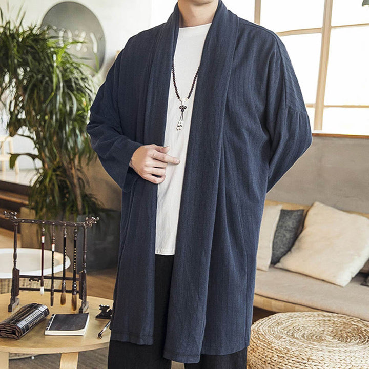 Cappotto da uomo di media lunghezza in misto lino semplice e casual, modello Buddha Stones Fall