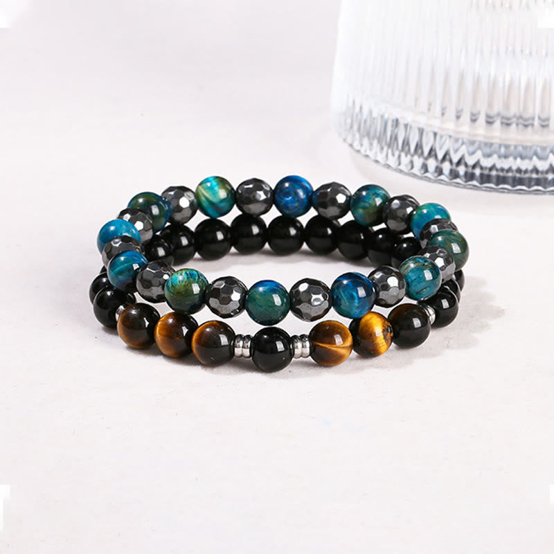 Buddha Stones 2 pezzi Ematite Occhio di tigre Occhio di tigre blu Bracciale potente Set