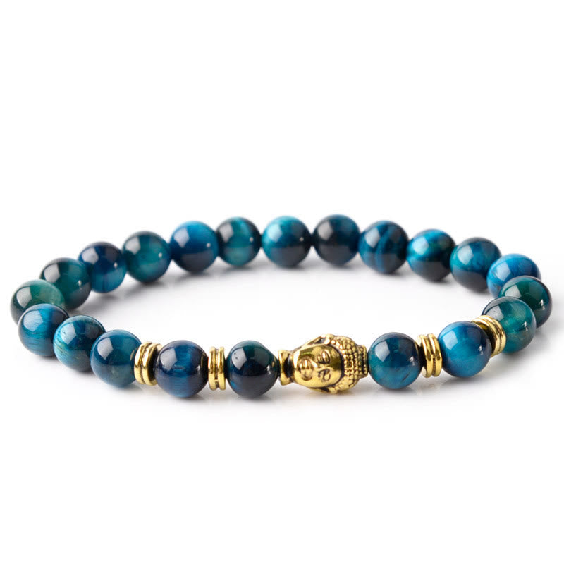 Braccialetto di equilibrio con testa di Buddha in occhio di tigre blu verde rosso Buddha Stones