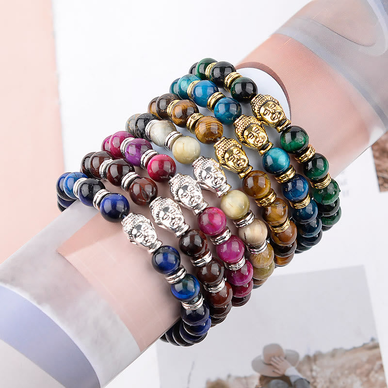 Braccialetto di equilibrio con testa di Buddha in occhio di tigre blu verde rosso Buddha Stones