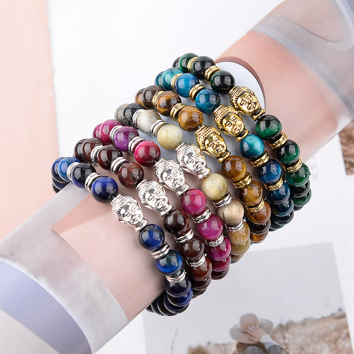 Braccialetto di equilibrio con testa di Buddha in occhio di tigre blu verde rosso Buddha Stones