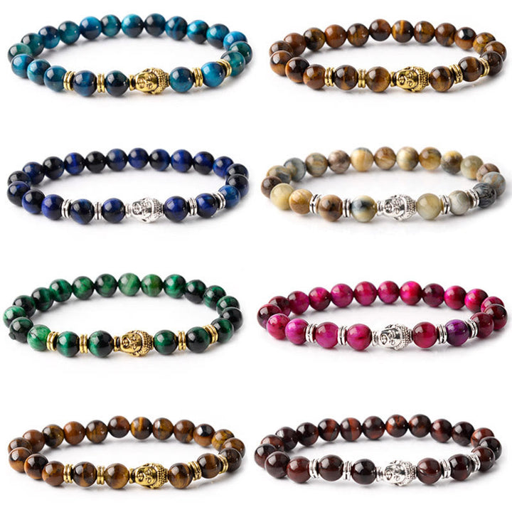 Braccialetto di equilibrio con testa di Buddha in occhio di tigre blu verde rosso Buddha Stones