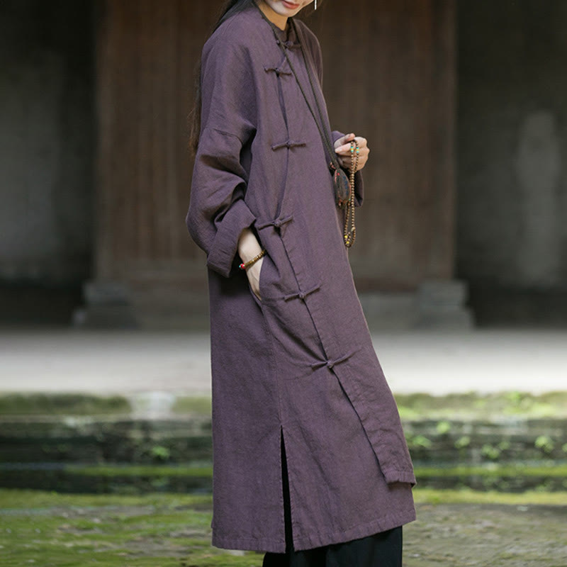 Abito midi in cotone e lino ramiè con tasche, maniche lunghe, bottoni a rana, tinta unita, Buddha Stones