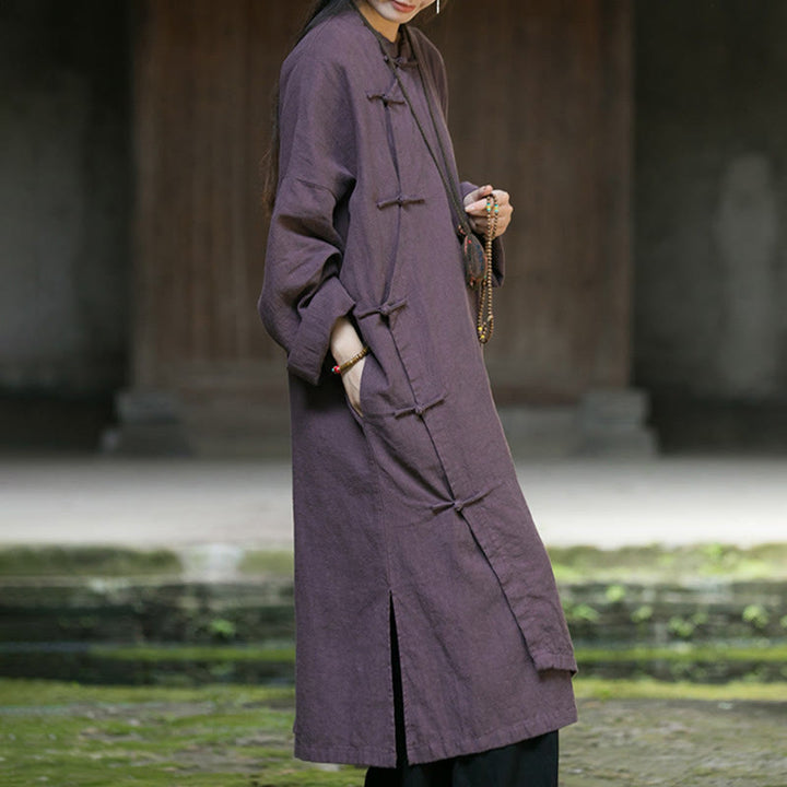 Abito midi in cotone e lino ramiè con tasche, maniche lunghe, bottoni a rana, tinta unita, Buddha Stones