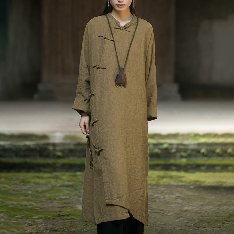 Abito midi in cotone e lino ramiè con tasche, maniche lunghe, bottoni a rana, tinta unita, Buddha Stones