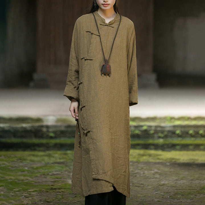 Abito midi in cotone e lino ramiè con tasche, maniche lunghe, bottoni a rana, tinta unita, Buddha Stones