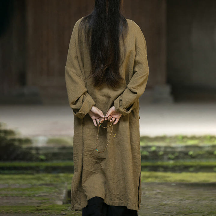 Abito midi in cotone e lino ramiè con tasche, maniche lunghe, bottoni a rana, tinta unita, Buddha Stones - image 4