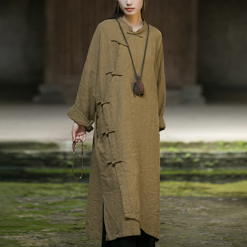 Abito midi in cotone e lino ramiè con tasche, maniche lunghe, bottoni a rana, tinta unita, Buddha Stones - image 10