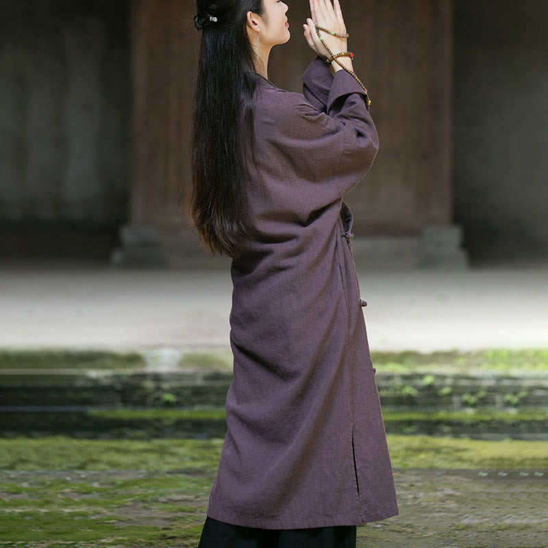 Abito midi in cotone e lino ramiè con tasche, maniche lunghe, bottoni a rana, tinta unita, Buddha Stones - image 19