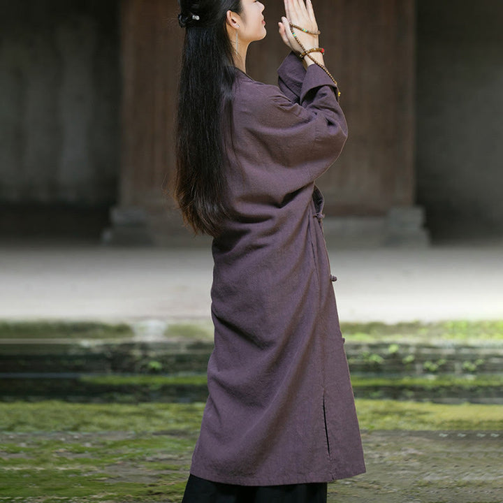 Abito midi in cotone e lino ramiè con tasche, maniche lunghe, bottoni a rana, tinta unita, Buddha Stones - image 19